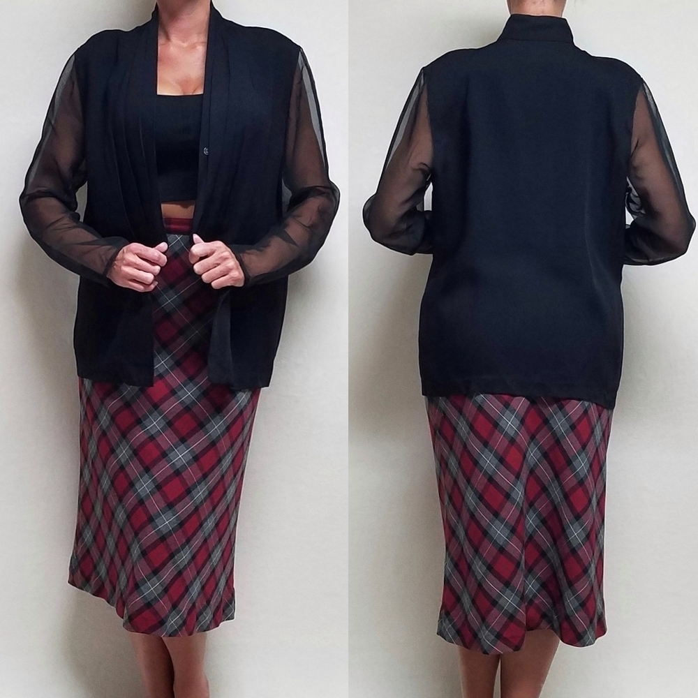 80s Vintage Joan Walters Black Crepe Pleated V-neck Sheer Sleeve Tuxedo Jacket